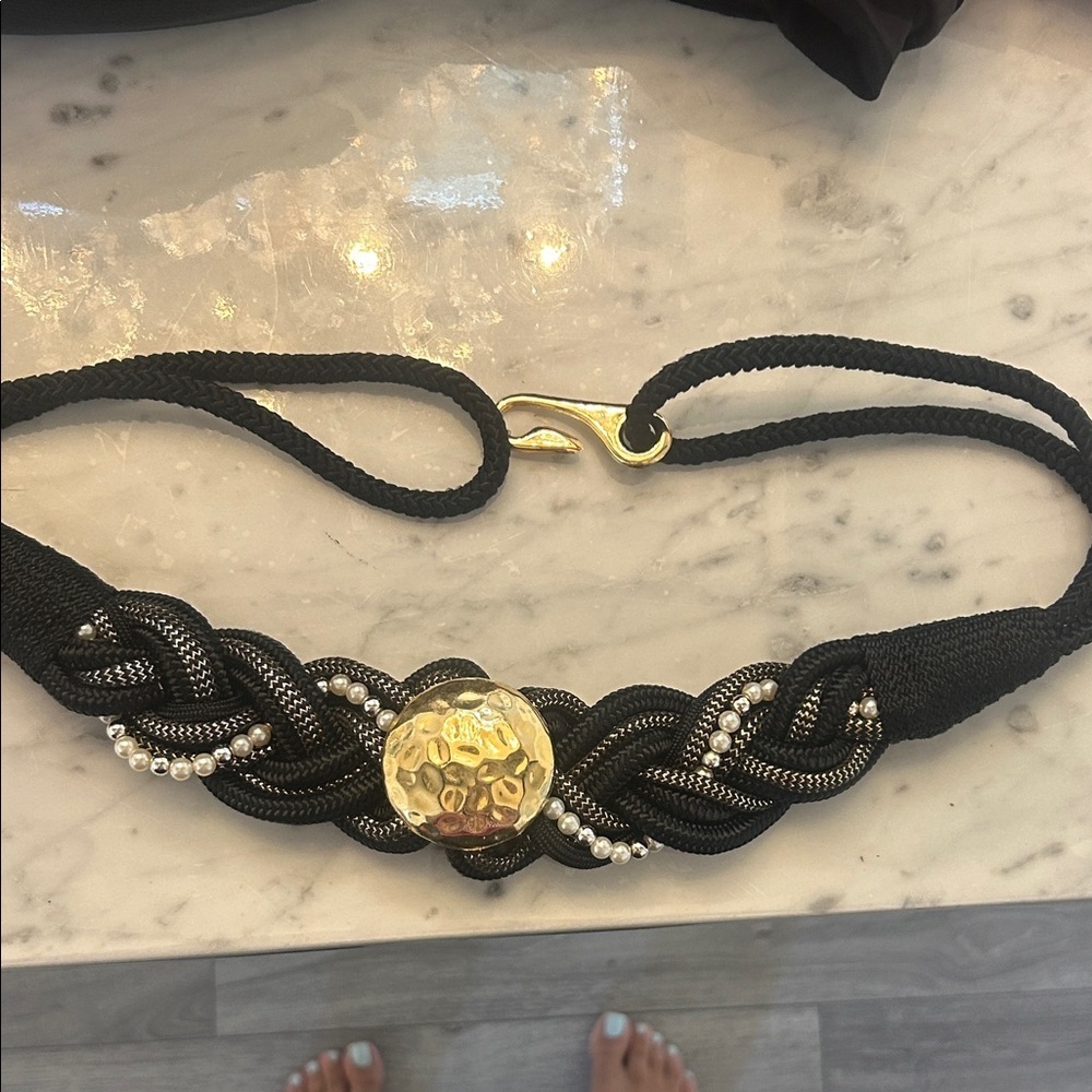 Vintage Black Braided Belt with Gold and Pearl Accents size  S/M
